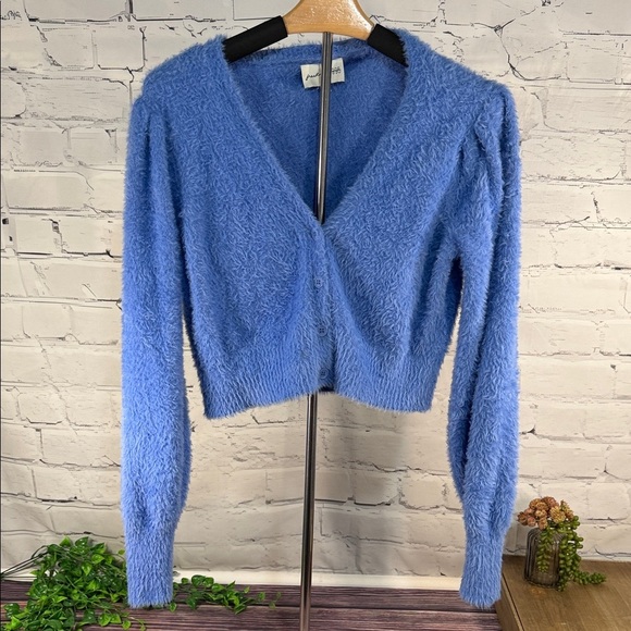 Freshman 1996 Sweaters - Freshman 1996 Soft and Fluffy Periwinkle Blue Women's Cardigan Crop Puff Sleeve